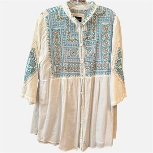 Biya Johnny Was Embroidered 100% Cotton Tunic Blouse Medium Boho White Blue